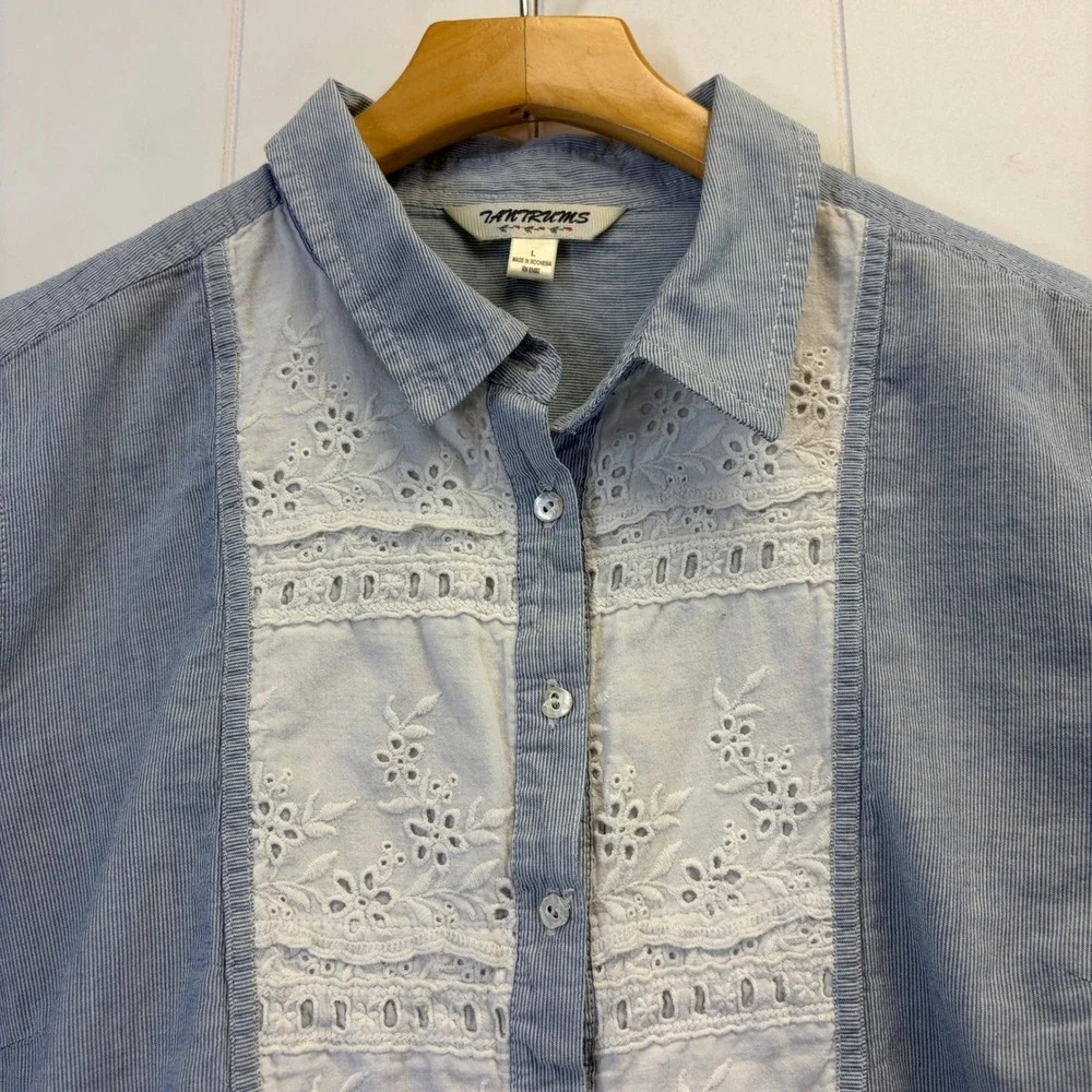 Vintage Tantrums Cottage Striped Button Down Shirt Women Large Boho Chic Prairie